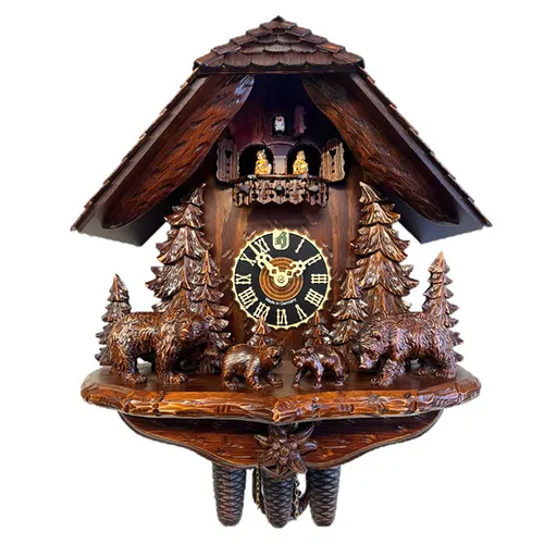 Bear Family In Forest 8 Day Mechanical Chalet Cuckoo Clock With Dancers 49cm By HÖNES image