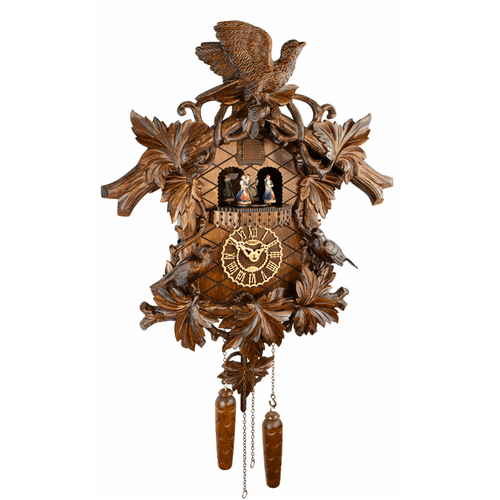 Detailed Birds & Leaves Battery Carved Cuckoo Clock With Dancers By TRENKLE image