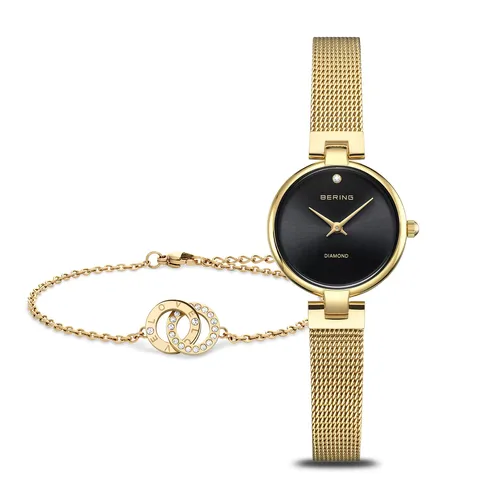 Gift Set- 25mm Classic Collection Gold & Black Womens Watch With Free Bracelet By BERING image