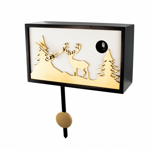 Black & Gold Modern Rectangular Battery Cuckoo Clock With Deer 14cm By TRENKLE image
