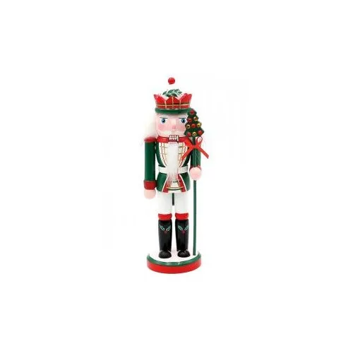 21cm Green & Red Wooden Nutcracker With Christmas Tree Staff image