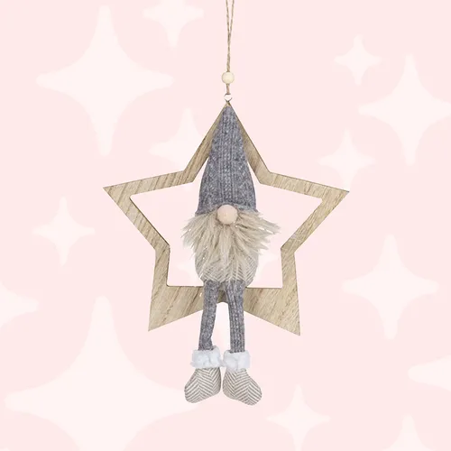 22cm Fabric Gnome Sitting On Star Hanging Decoration - Brown Beard