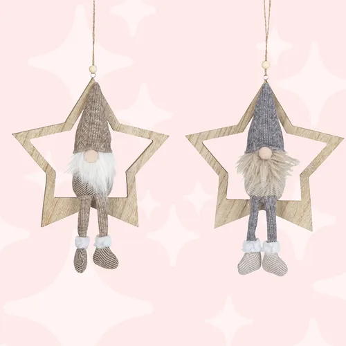 22cm Fabric Gnome Sitting On Star Hanging Decoration - Assorted Designs image
