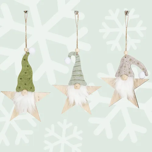 Wooden Star Gnome With Felt Hat Hanging Decoration- Assorted Designs image