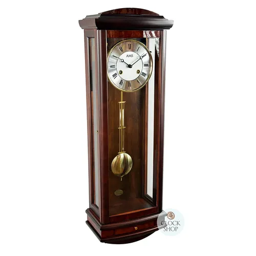 65cm Walnut 14 Day Mechanical Bim Bam Striking Wall Clock With Piano Finish & Draw By AMS image