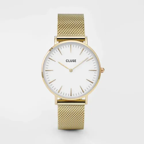 38mm Boho Chic Womens Quartz Watch With White Dial & Gold Plated Stainless Steel Mesh Band By CLUSE image