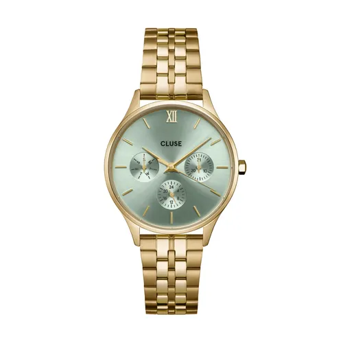 34mm Minuit Multifunction Womens Quartz Watch With Sage Green Dial & Gold Stainless Steel Link Band By CLUSE image