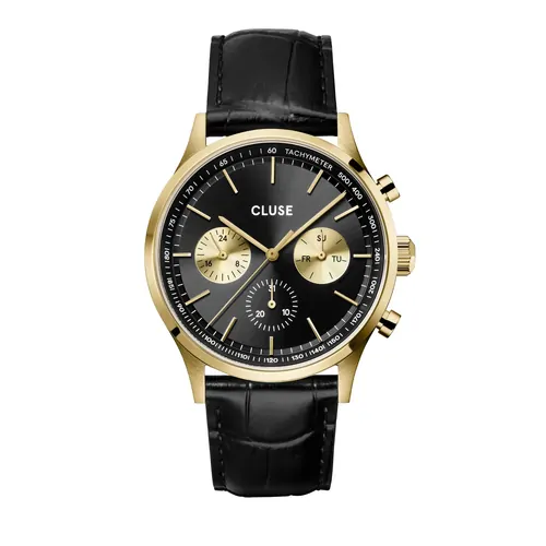 41mm Anthéor Multifunction Mens Quartz Watch With Black & Gold Dial & Black Leather Band By CLUSE image