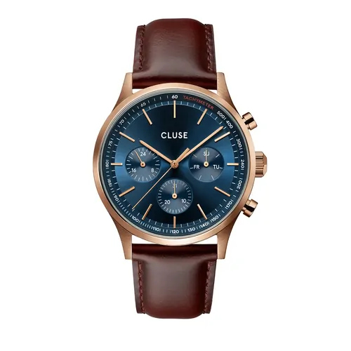 41mm Anthéor Multifunction Mens Quartz Watch With Blue & Rose Gold Dial & Brown Leather Band By CLUSE image