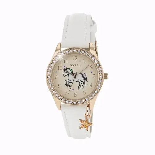 Charm Collection Rose Gold Kids Watch With Sparkly Unicorn Dial & White Leatherette Strap By TIKKERS image