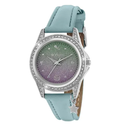Fashion Kids Watch With Green & Purple Sparkle Dial & PU Aqua Strap By TIKKERS image