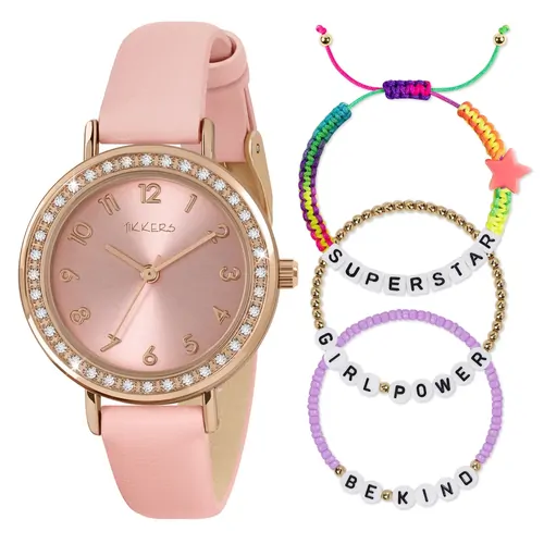 Pink Sparkle Kids Watch Gift Set With Beaded Friendship Bracelets By TIKKERS image
