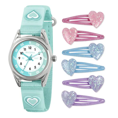 Time Teacher 3D Green Heart Kids Watch Gift Set With Hair Clips By TIKKERS image