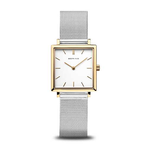 26mm Classic Collection Womens Watch With White Square Dial & Silver Milanese Strap & Gold Case By BERING image
