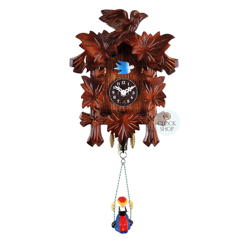 5 Leaf & Bird Mechanical Carved Clock With Swinging Doll 16cm By TRENKLE