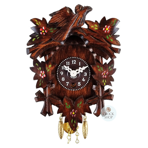 5 Leaf & Bird Mechanical Carved Clock With Painted Flowers 14cm By TRENKLE