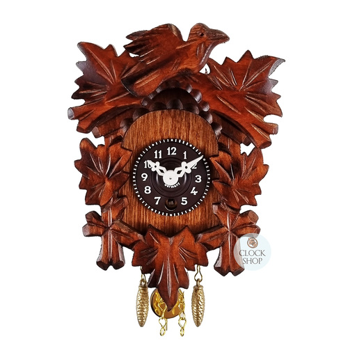 5 Leaf & Bird Mechanical Carved Clock Walnut 14cm By TRENKLE