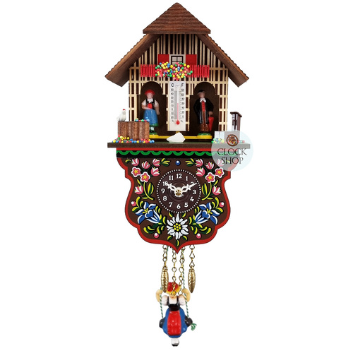 Swiss Weather House Battery Chalet Clock With Swinging Doll 21cm By TRENKLE