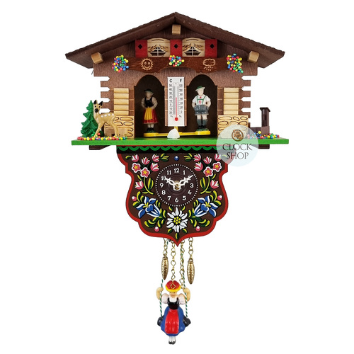 Swiss Weather House Battery Chalet Clock With Swinging Doll 21.5cm By TRENKLE