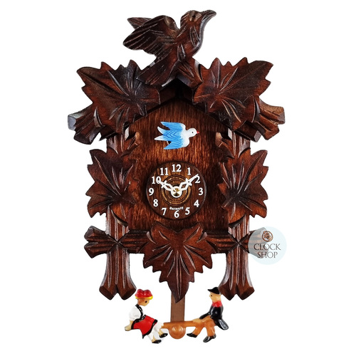 5 Leaf & Bird Battery Carved Clock With Seesaw 16cm By TRENKLE