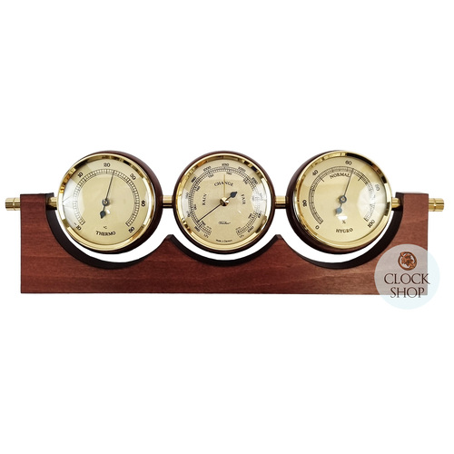 29cm Mahogany Weather Station With Thermometer Barometer & Hygrometer By FISCHER image