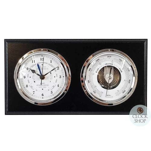 38cm Black Nautical Weather Station With Quartz Time & Tide Clock & Barometer By FISCHER image