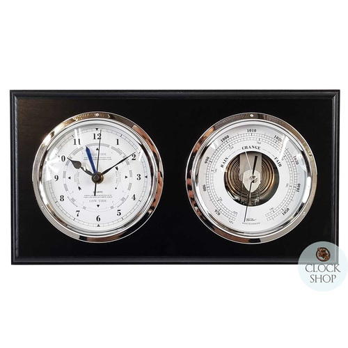 38cm Black Nautical Weather Station With Quartz Time & Tide Clock & Barometer By FISCHER