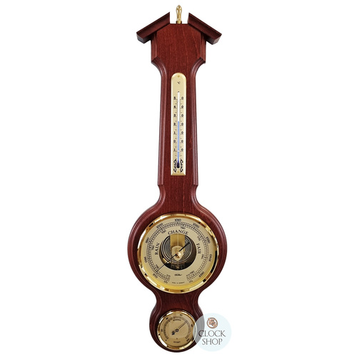 55cm Mahogany Traditional Weather Station With Barometer Thermometer & Hygrometer By FISCHER  image