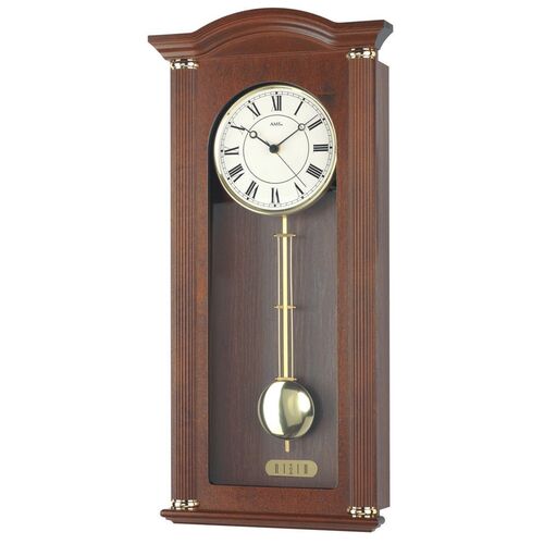 55cm Walnut Battery Chiming Wall Clock With Brass Accents By AMS