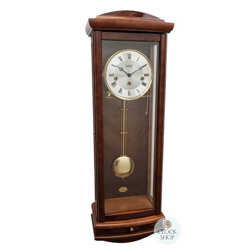 65cm Walnut 8 Day Mechanical Chiming Wall Clock With Piano Finish & Draw By AMS image