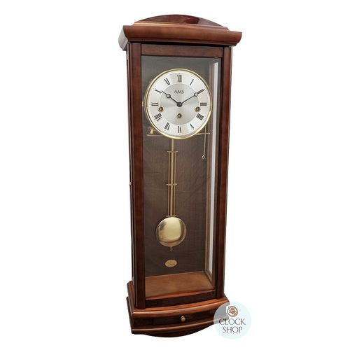 65cm Walnut 8 Day Mechanical Chiming Wall Clock With Piano Finish & Draw By AMS