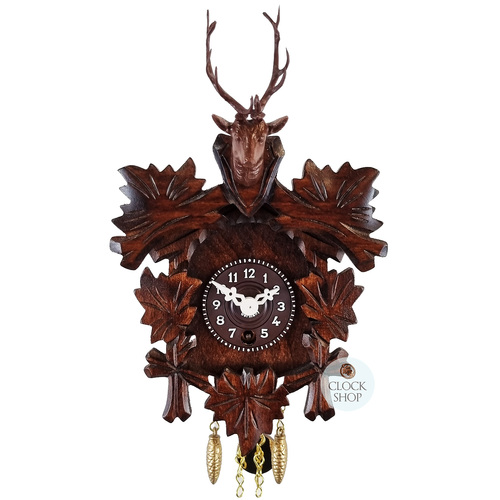 5 Leaf & Deer Mechanical Carved Clock 14cm By TRENKLE