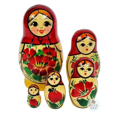 Kirov Russian Nesting Dolls 5 Set With Red Scarf & Yellow Dress 9cm