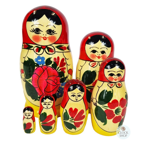 Semenov Russian Nesting Dolls 6 Set With Red Scarf & Yellow Dress