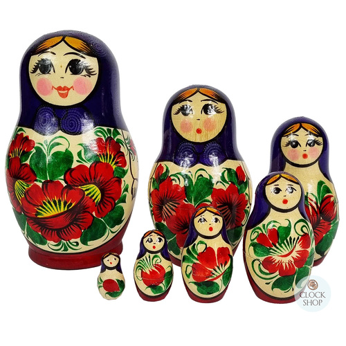 Kirov Russian Nesting Dolls 7 Set With Purple Scarf & Red Dress 14cm