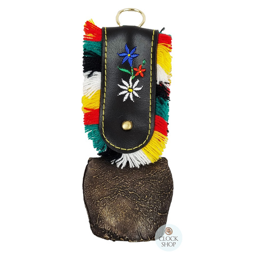 16cm Antique Look Cowbell With Fringed Black Leather Strap