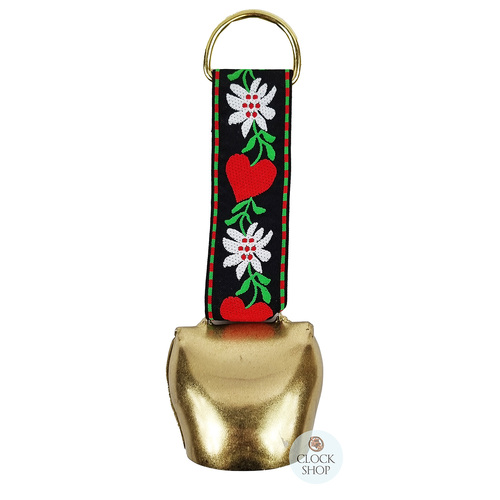 17cm Gold Cowbell With Hearts & Flowers On Strap