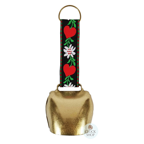 25cm Gold Cowbell With Hearts & Flowers On Strap