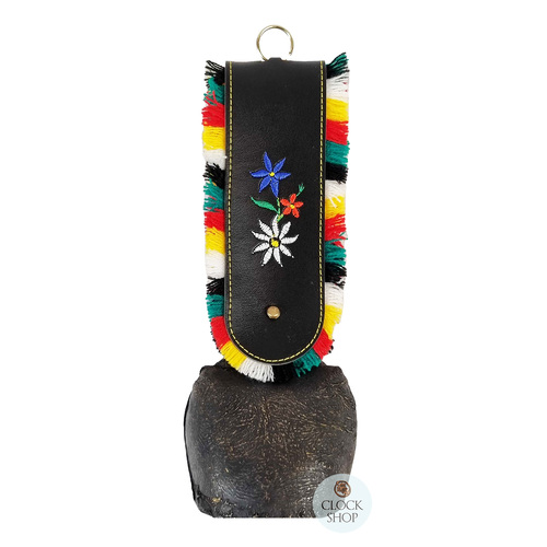 26cm Antique Look Cowbell With Fringed Black Leather Strap image