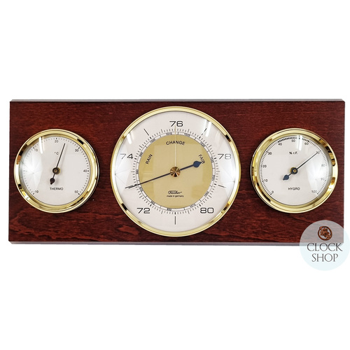 28.5cm Mahogany Weather Station With Barometer Thermometer & Hygrometer By FISCHER image