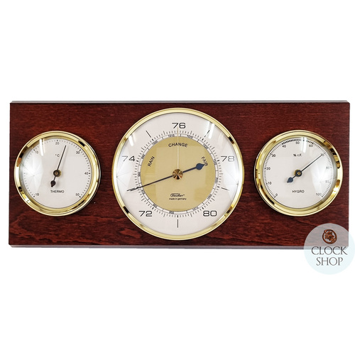 28.5cm Mahogany Weather Station With Barometer, Thermometer & Hygrometer By FISCHER