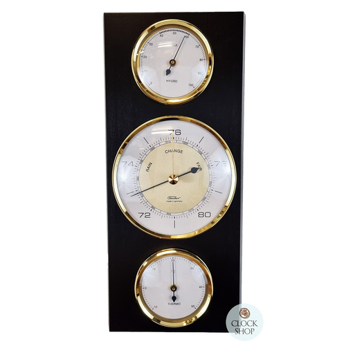 28.5cm Black & Brass Weather Station With Barometer, Thermometer & Hygrometer By FISCHER