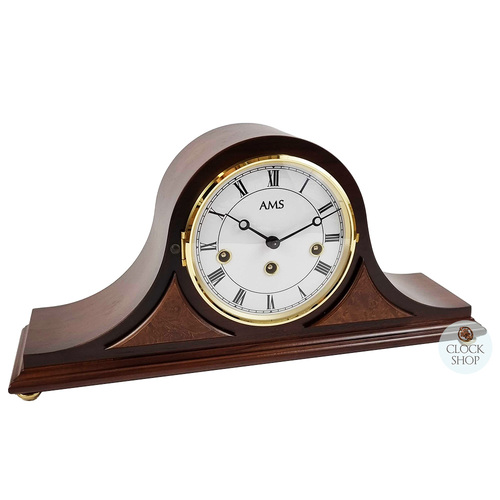 21cm Walnut Mechanical Tambour Mantel Clock With Westminster Chime & Burlwood Inlay By AMS image