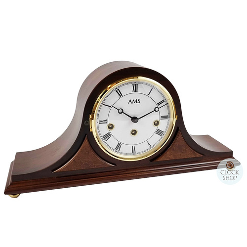 21cm Walnut Mechanical Tambour Mantel Clock With Westminster Chime & Burlwood Inlay By AMS