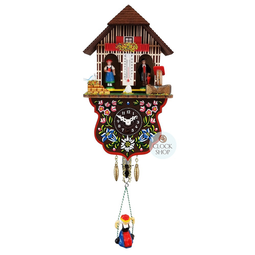 Swiss Weather House Mechanical Chalet Clock With Swinging Doll 21cm By TRENKLE
