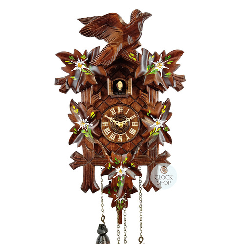 5 Leaf & Bird With White Flowers Battery Carved Cuckoo Clock 35cm By TRENKLE