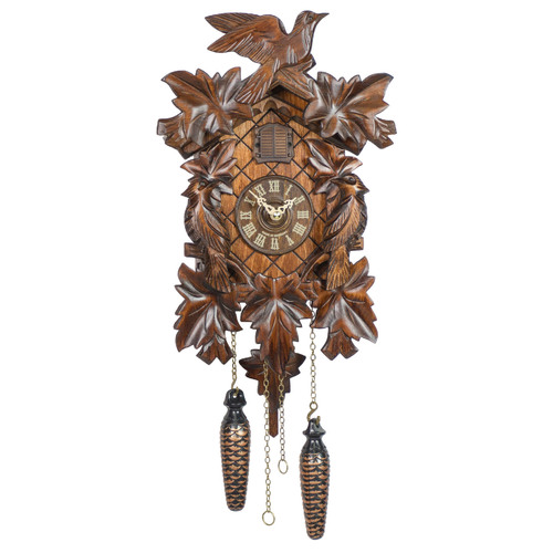 5 Leaf & Bird Battery Carved Cuckoo Clock With Side Birds 35cm By TRENKLE
