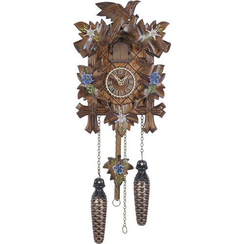 5 Leaf & Bird With Blue & White Flowers Battery Carved Cuckoo Clock 24cm By TRENKLE
