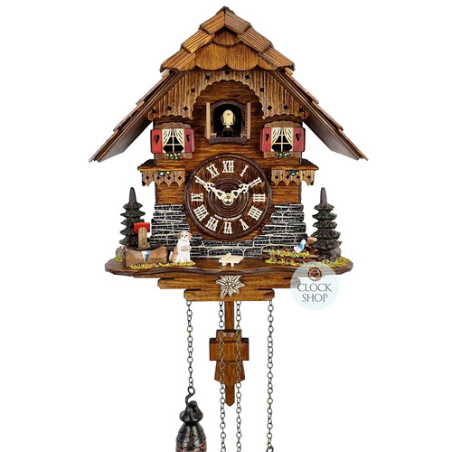 Black Forest Battery Chalet Cuckoo Clock With Dog & Edelweiss Flower 25cm By TRENKLE