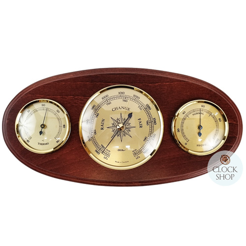 31cm Mahogany Weather Station With Barometer Thermometer & Hygrometer By FISCHER image